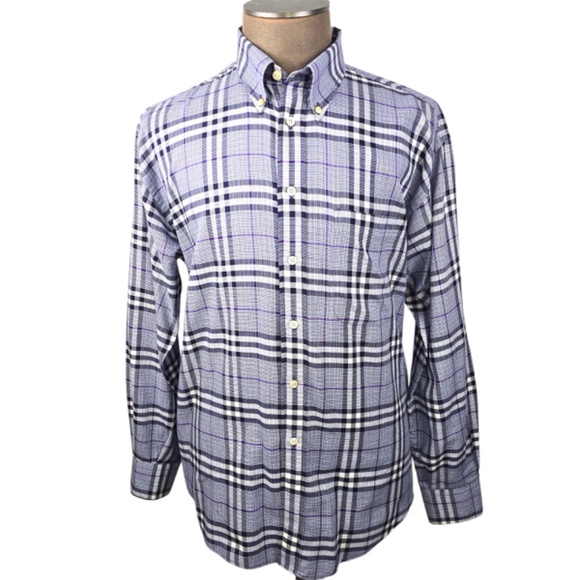 Burberry London Nova Check Plaid Check Blue Purple L/S Cotton Shirt Mens Large - Picture 3 of 11